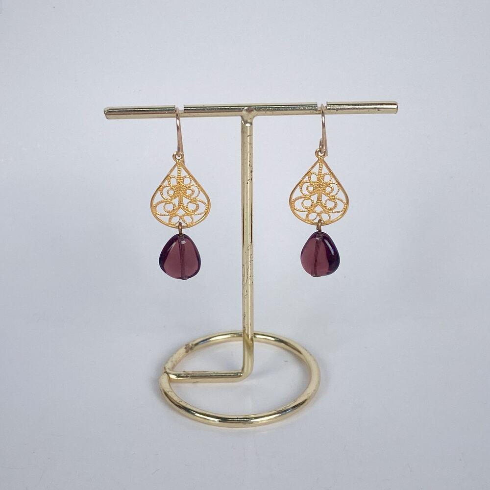 Gold Tone and Purple Bead Drop Earrings